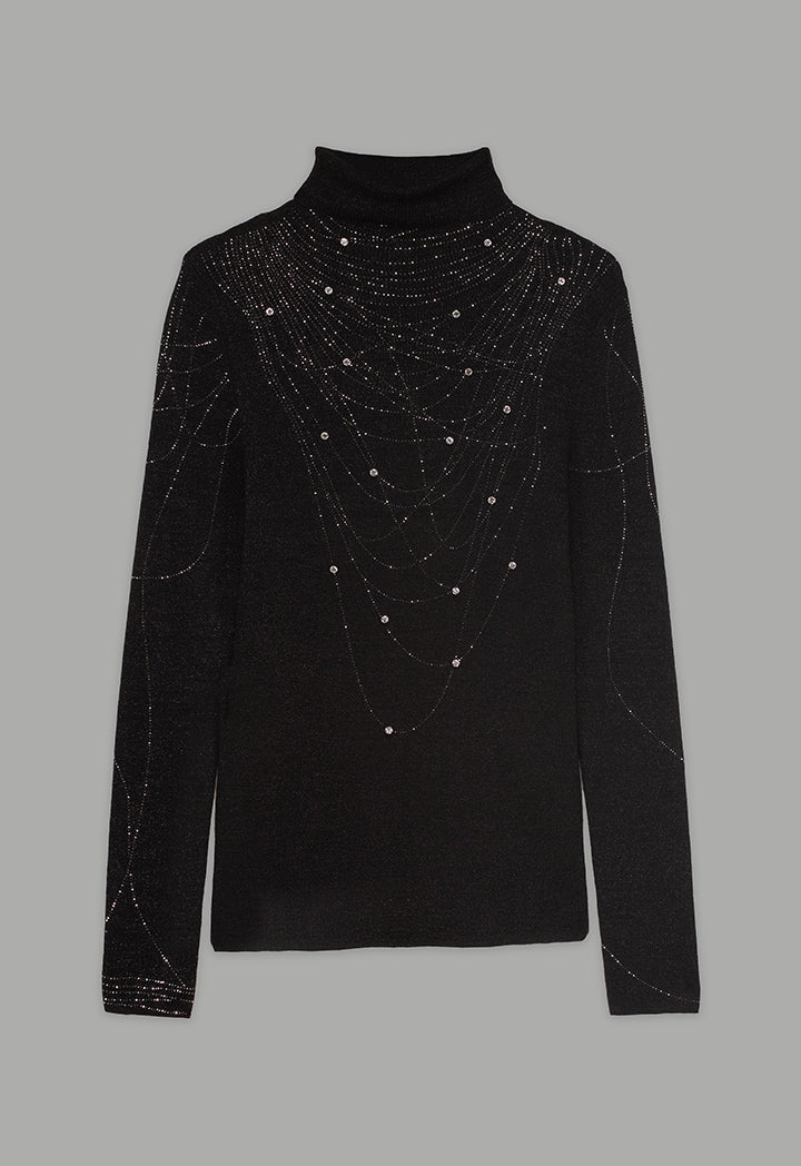 Choice Solid Crystal Embellished Knitted Top Black