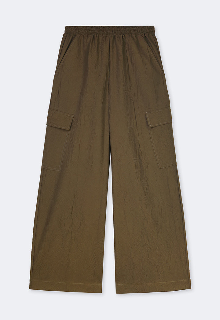 Choice Wide Leg Elasticated Waist Crinkled Trousers Khaki