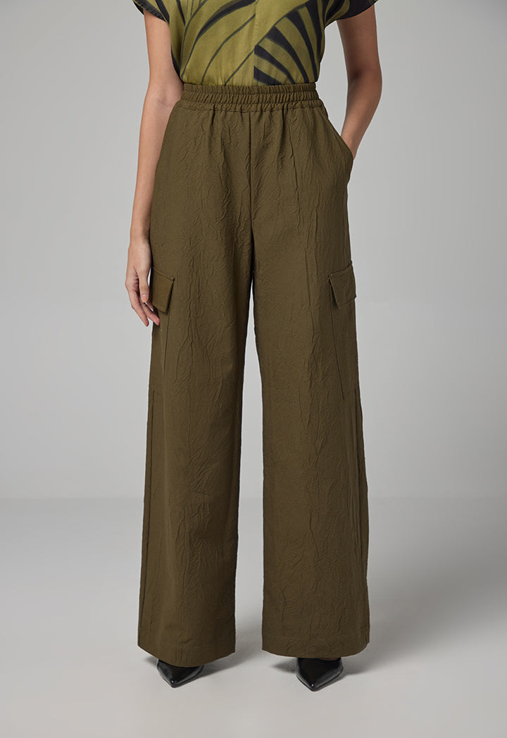 Choice Wide Leg Elasticated Waist Crinkled Trousers Khaki