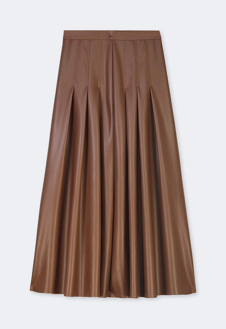 Choice Pu Leather Pleated Flared Skirt Brown