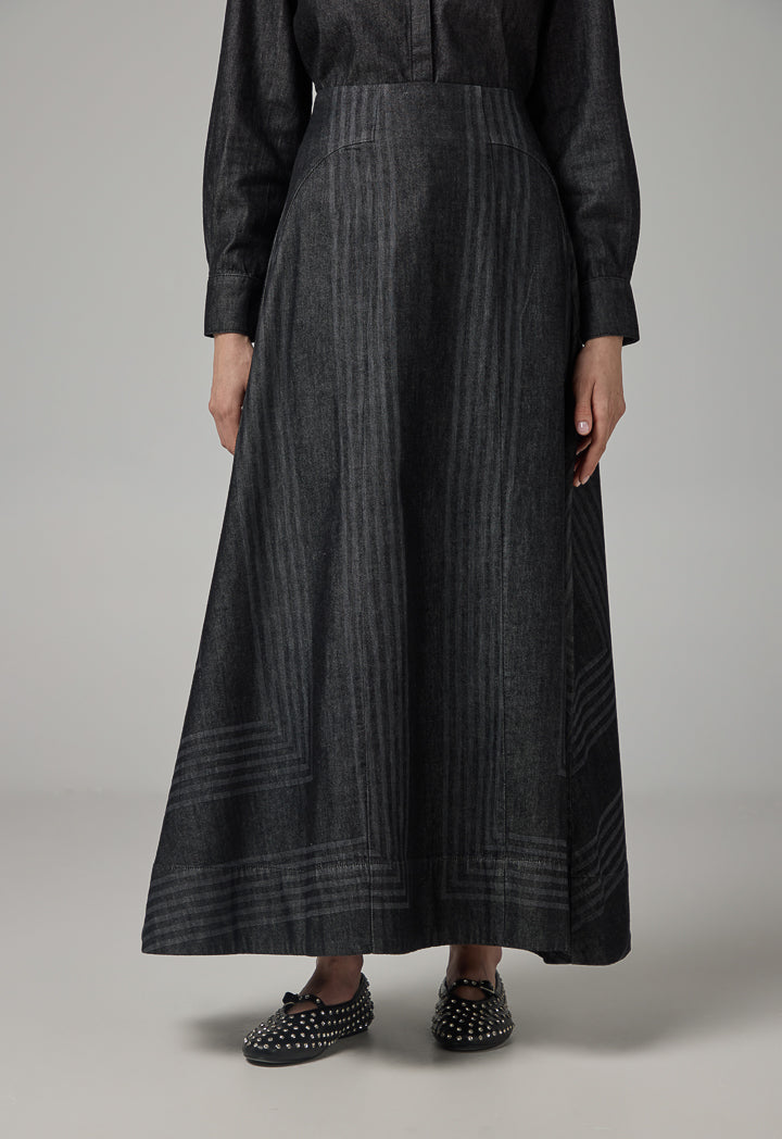 Choice Flared Denim Maxi Skirt Black