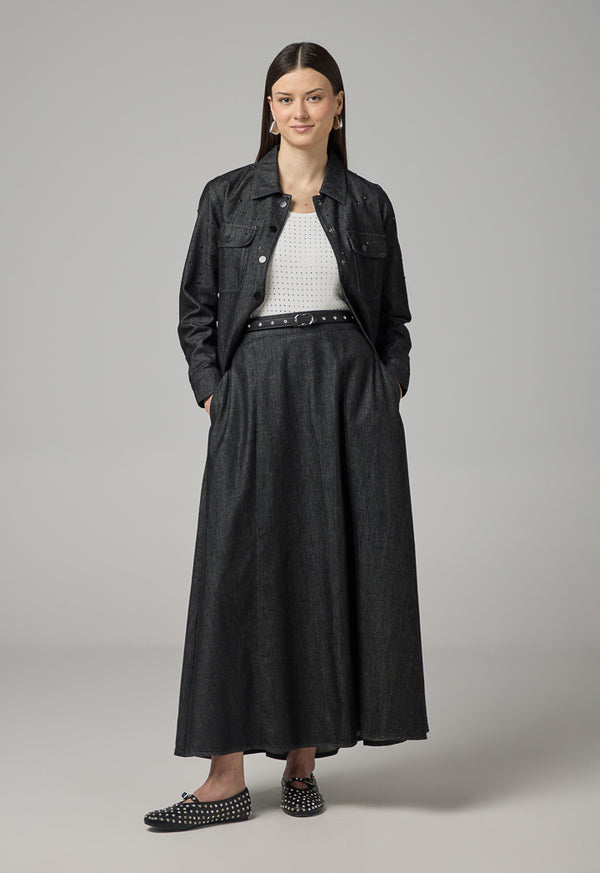 Choice Solid Flared Denim Skirt Black