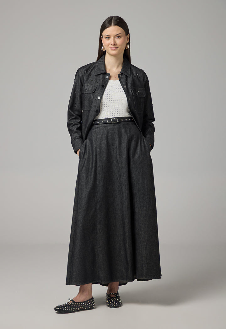 Choice Solid Flared Denim Skirt Black