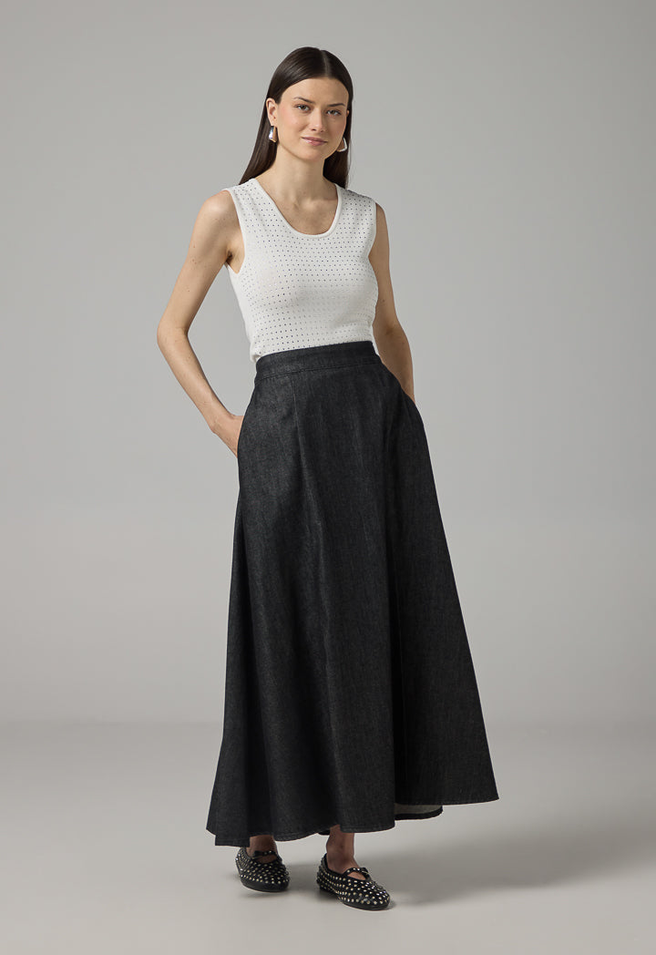 Choice Solid Flared Denim Skirt Black