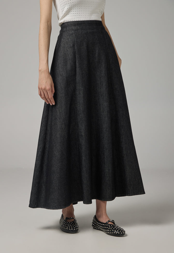 Choice Solid Flared Denim Skirt Black