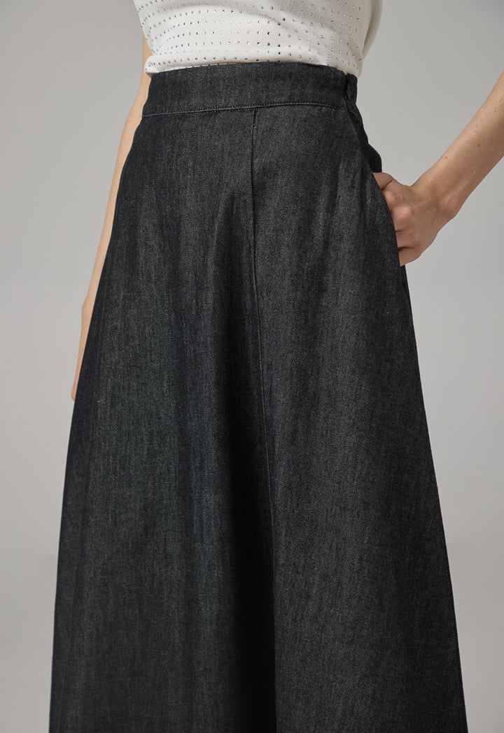 Choice Solid Flared Denim Skirt Black