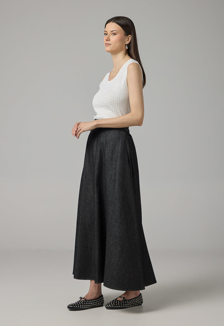 Choice Solid Flared Denim Skirt Black