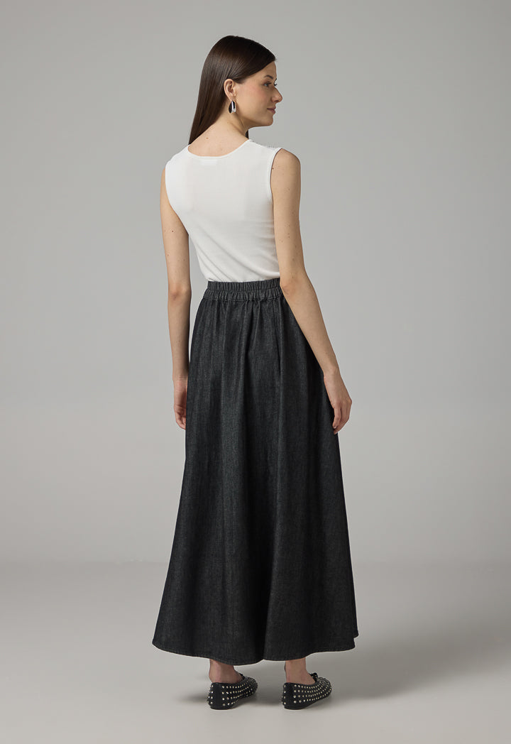 Choice Solid Flared Denim Skirt Black