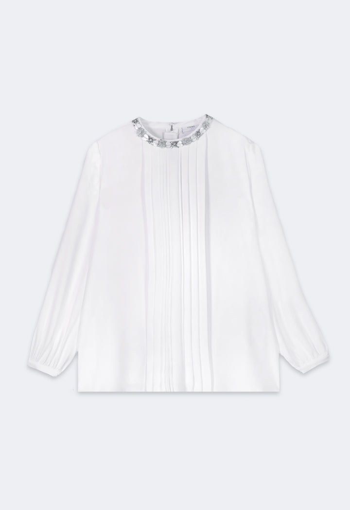 Choice Round Neck Embellished Crystal Blouse Off White