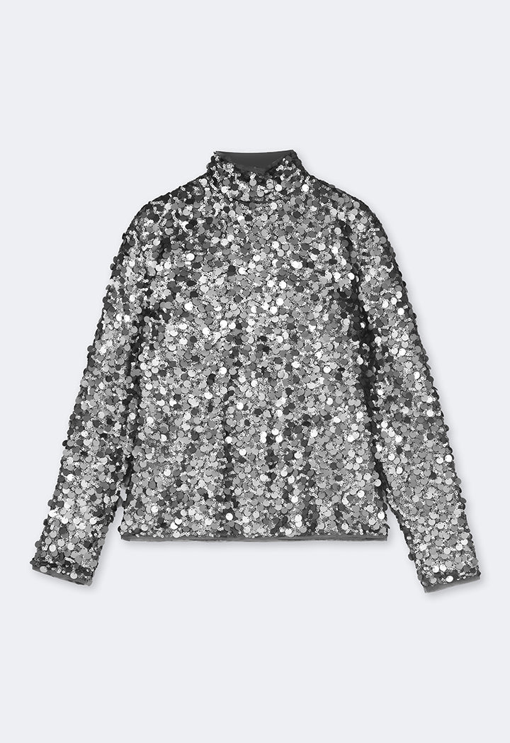 Choice Long Sleeve Sequin Blouse  Grey