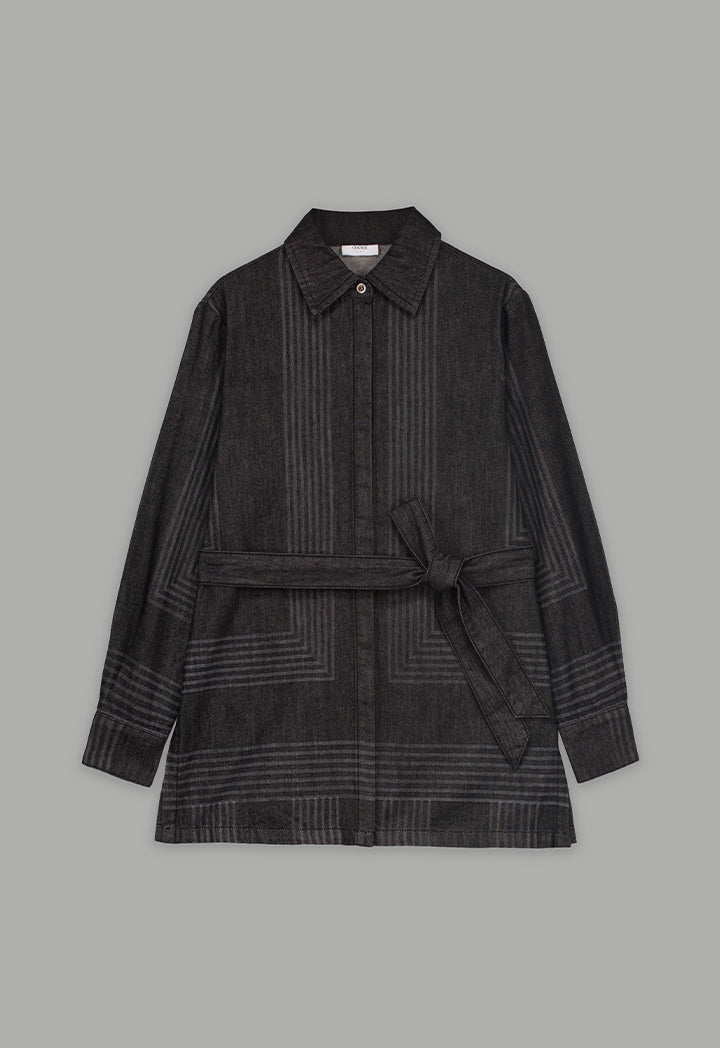 Choice Striped Belted Denim Shirt Black