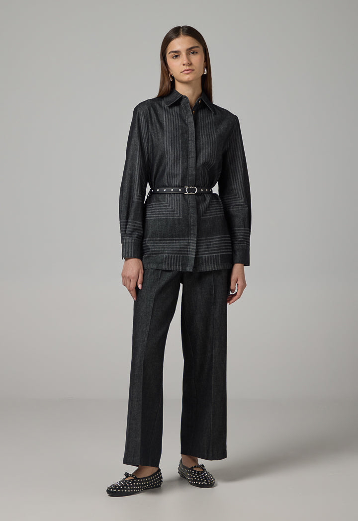 Choice Striped Belted Denim Shirt Black