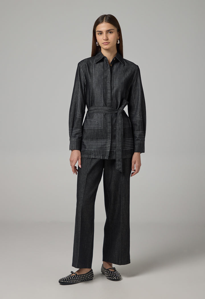 Choice Striped Belted Denim Shirt Black