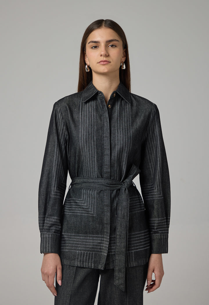 Choice Striped Belted Denim Shirt Black
