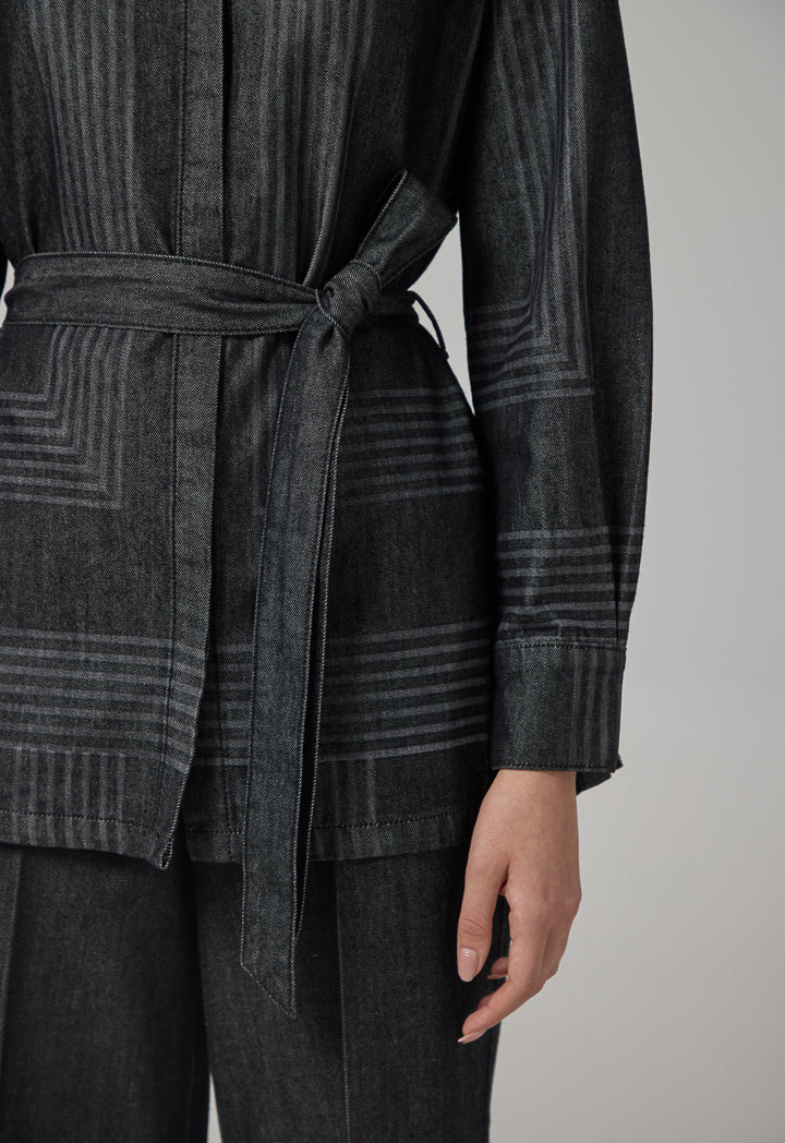 Choice Striped Belted Denim Shirt Black