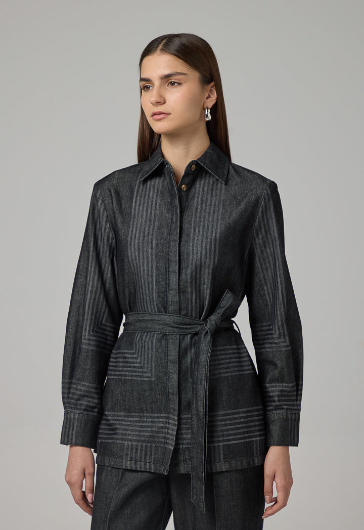Choice Striped Belted Denim Shirt Black