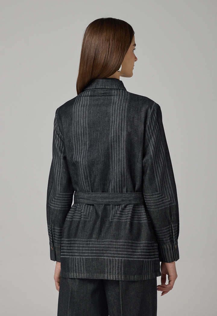 Choice Striped Belted Denim Shirt Black