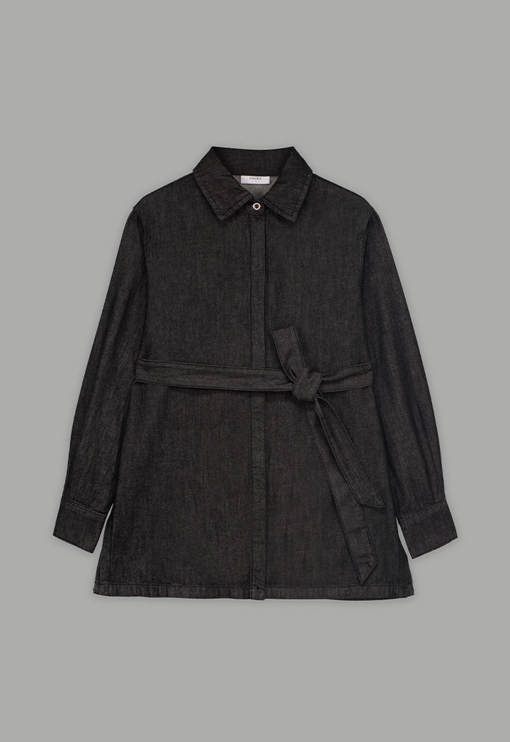 Choice Solid Belted Denim Shirt  Black