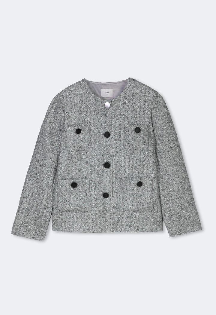 Choice Multi Front Pockets Tweed Lurex Jacket Grey