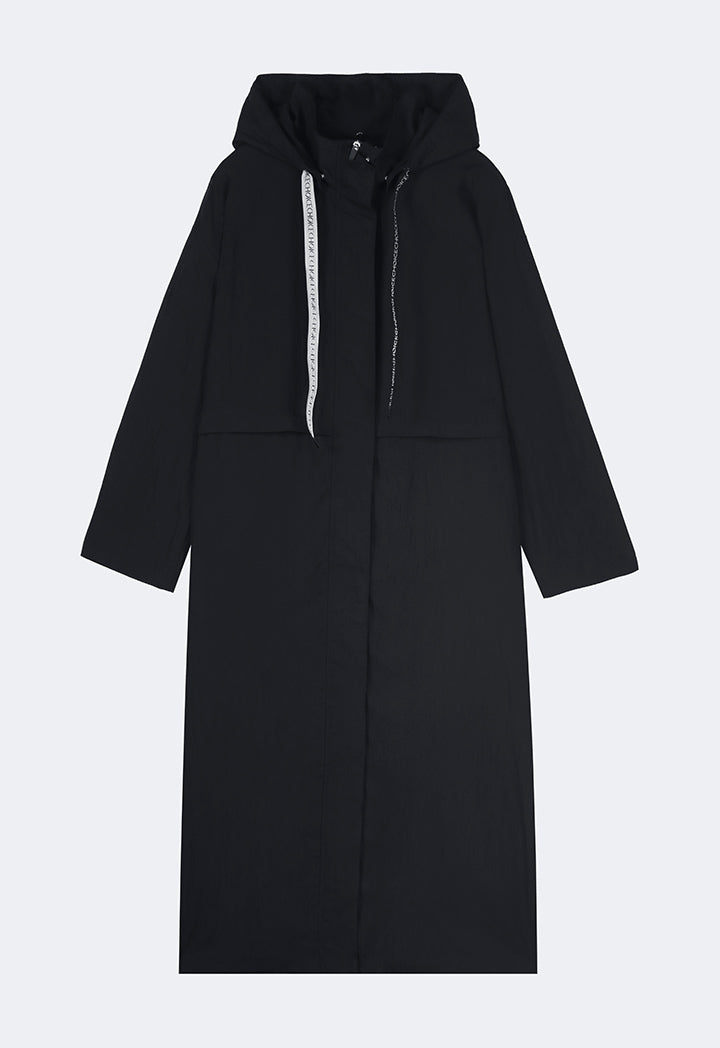 Choice Solid Hooded Neck Midi Jacket Black