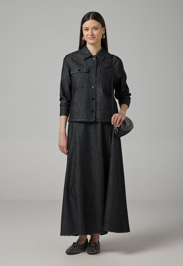 Choice Crystal Embellished Denim Jacket Black