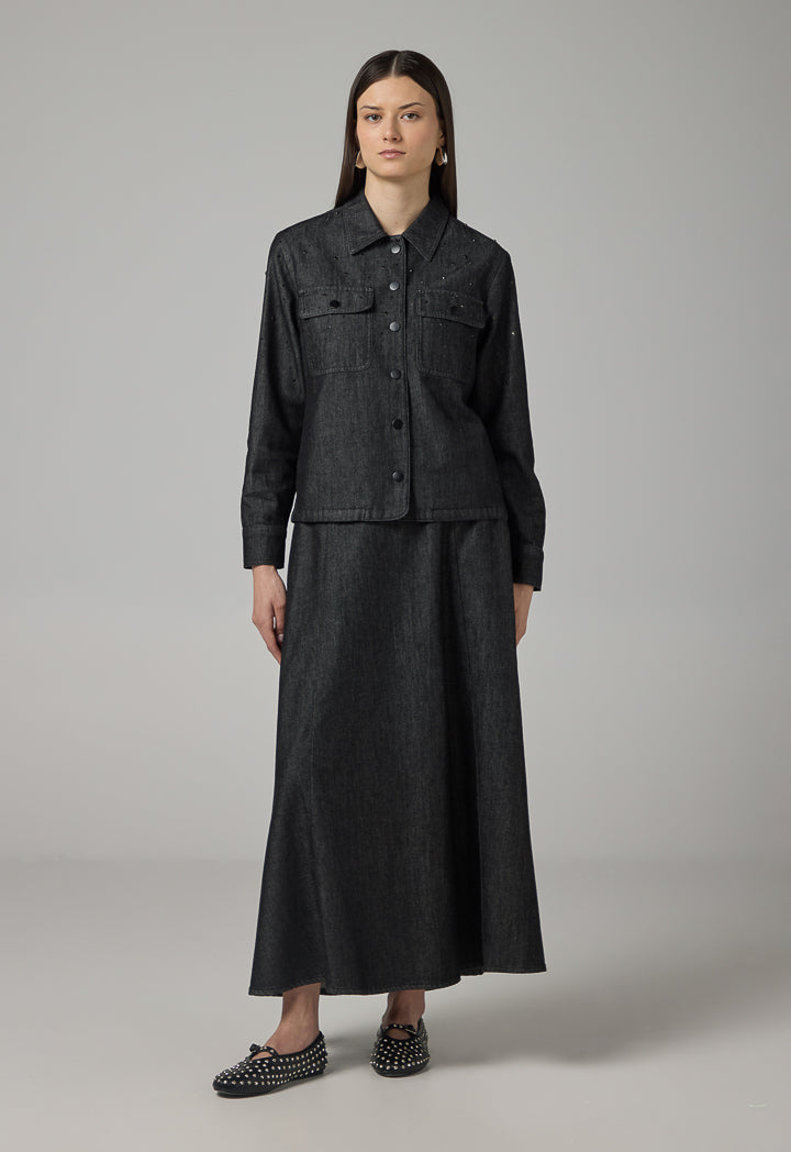 Choice Crystal Embellished Denim Jacket Black