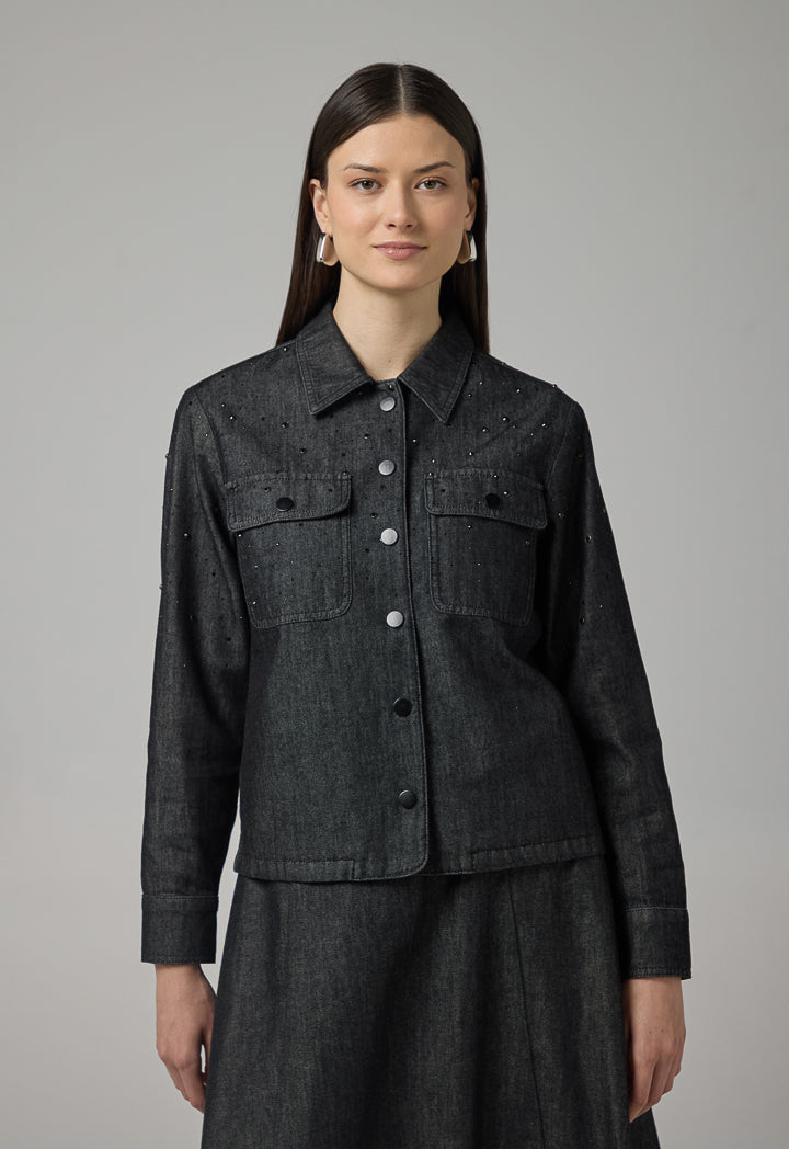 Choice Crystal Embellished Denim Jacket Black