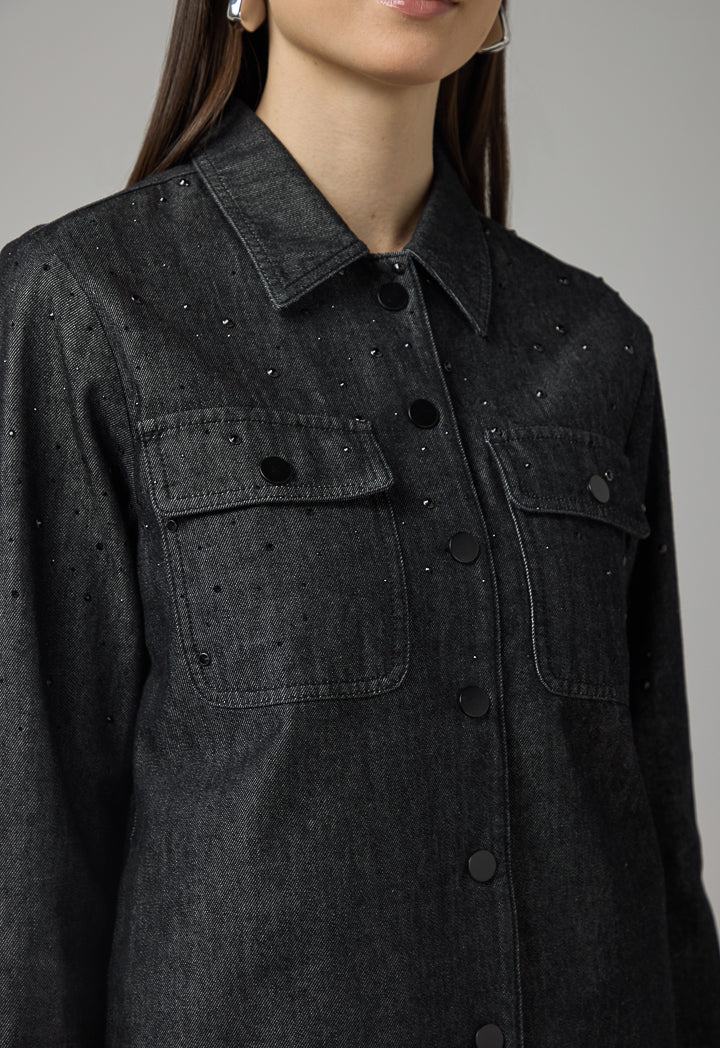 Choice Crystal Embellished Denim Jacket Black