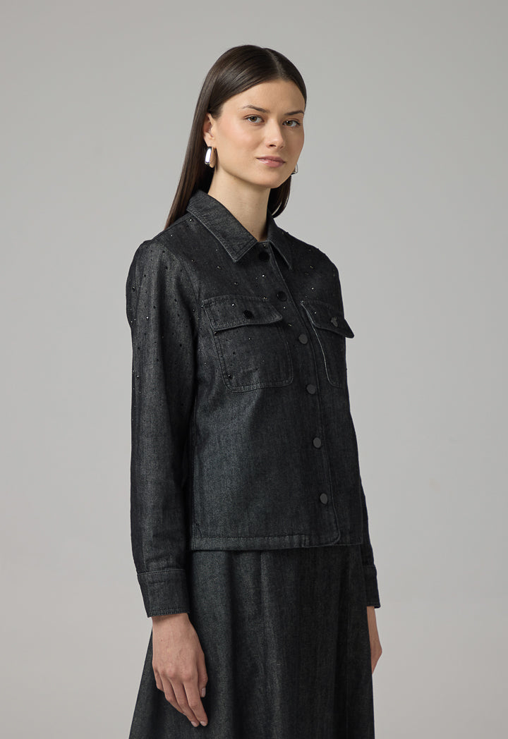 Choice Crystal Embellished Denim Jacket Black