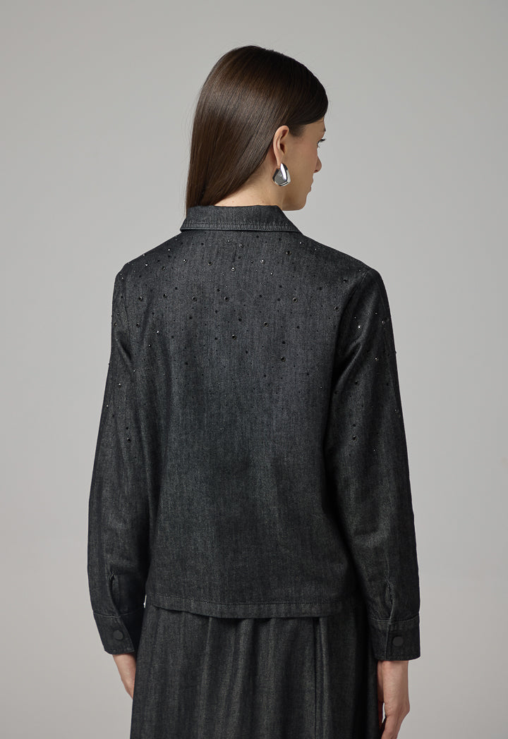 Choice Crystal Embellished Denim Jacket Black