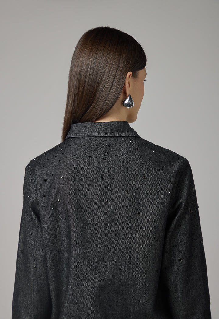 Choice Crystal Embellished Denim Jacket Black