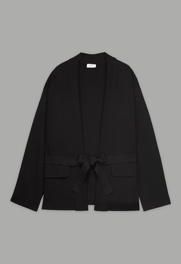 Choice Solid Knitted Belted Cardigan Black
