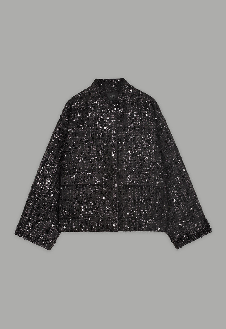 Choice Long Sleeve Sequin Tweed Jacket Black