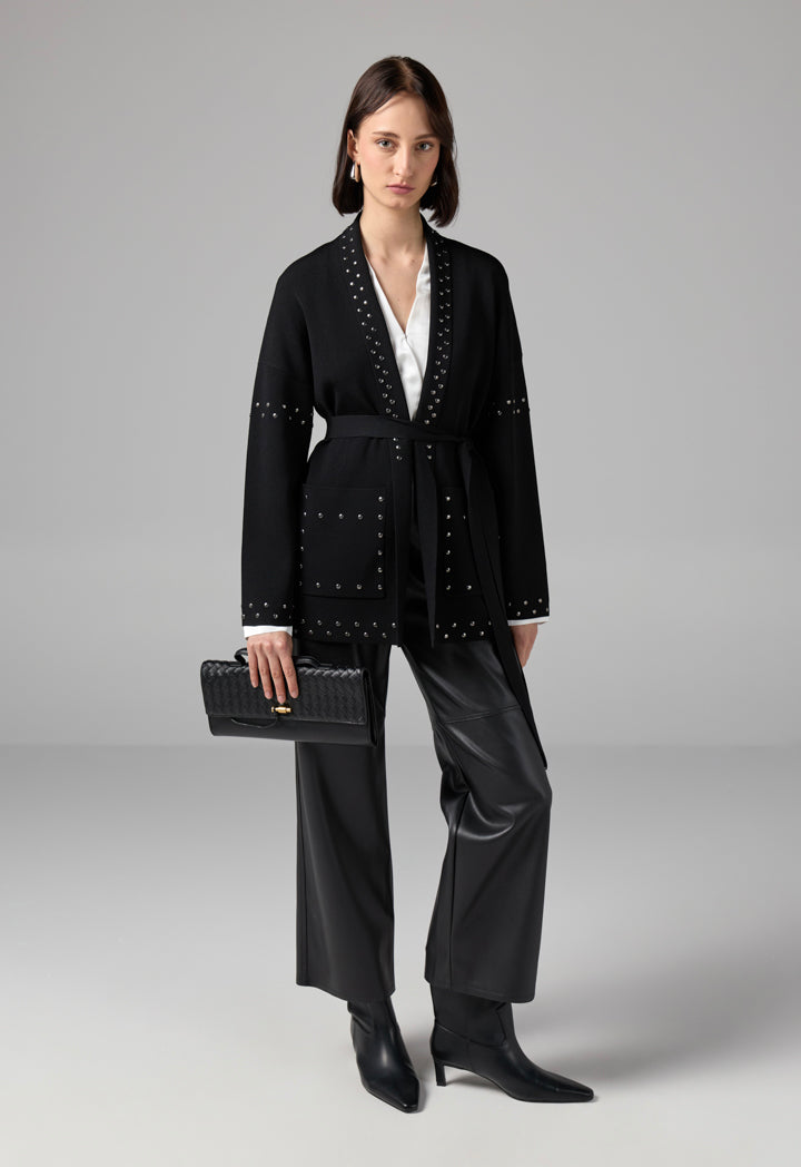 Choice Stud Detail Knitted Belted Cardigan Black