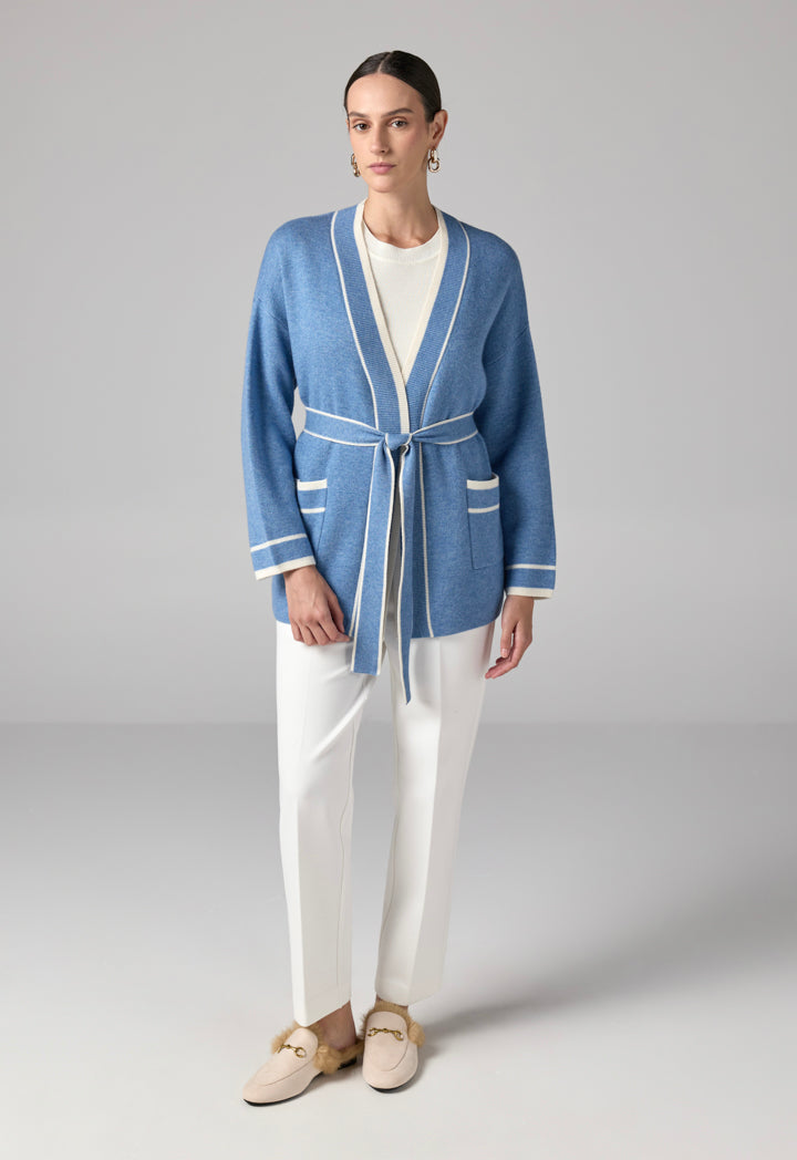 Choice Front Pockets Knitted Belted Cardigan Blue