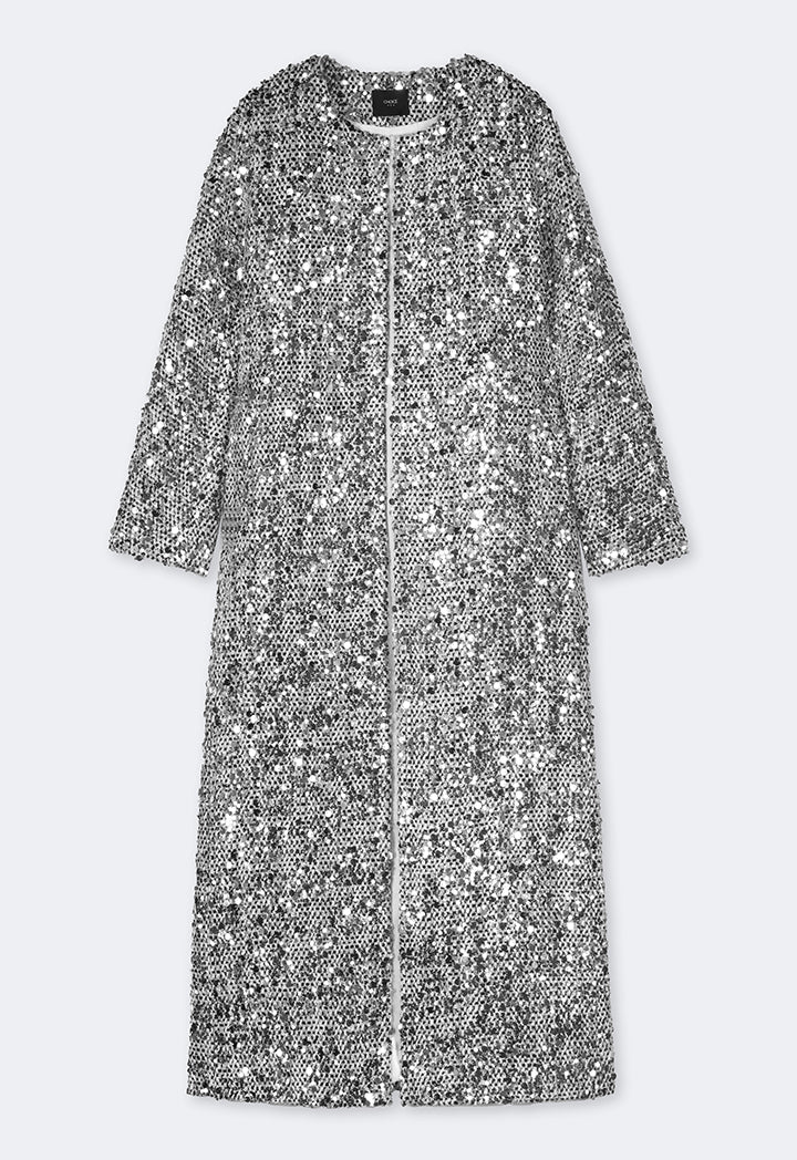 Choice Sequin Embellished Tweed Coat Grey