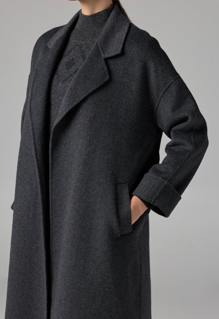 Choice Solid Handmade Midi Belted Coat  Grey