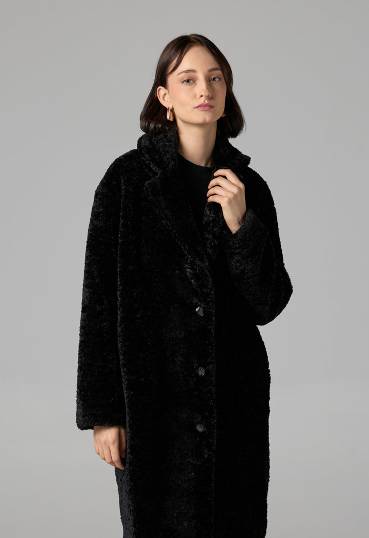 Choice Long Sleeve Solid Midi Teddy Coat Black