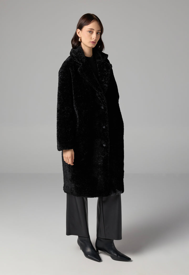 Choice Long Sleeve Solid Midi Teddy Coat Black