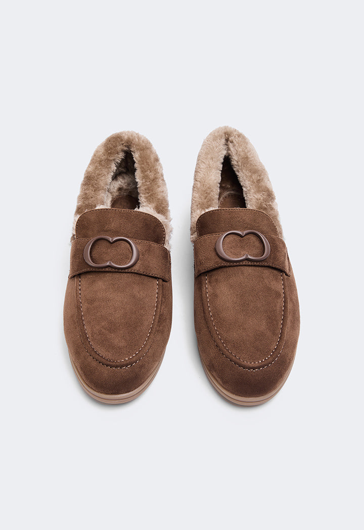 Choice Shearling Detailed Suede Loafers Brown