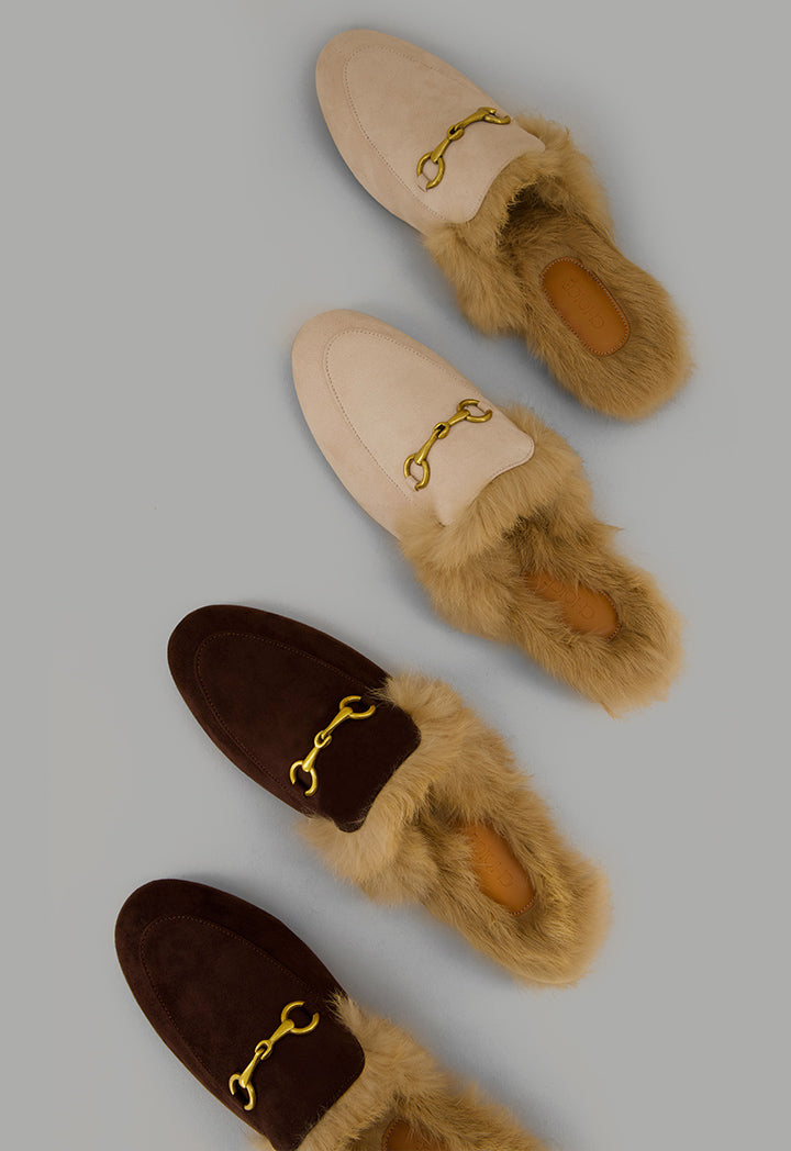 Choice Faux Fur Quilted Mules Light Beige