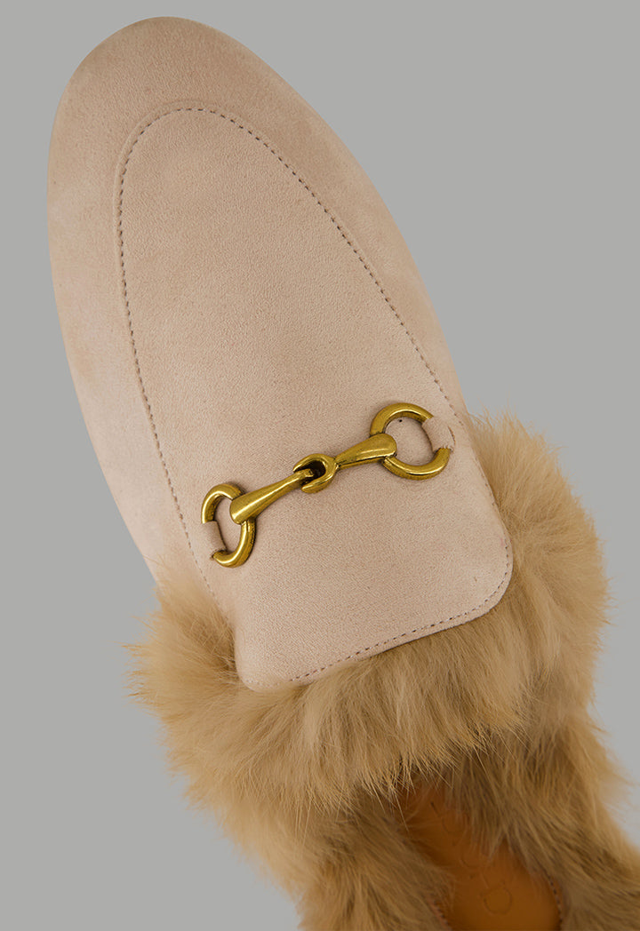 Choice Faux Fur Quilted Mules Light Beige