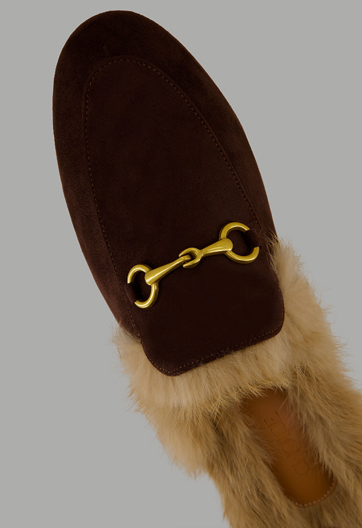 Choice Faux Fur Quilted Mules Dark Brown