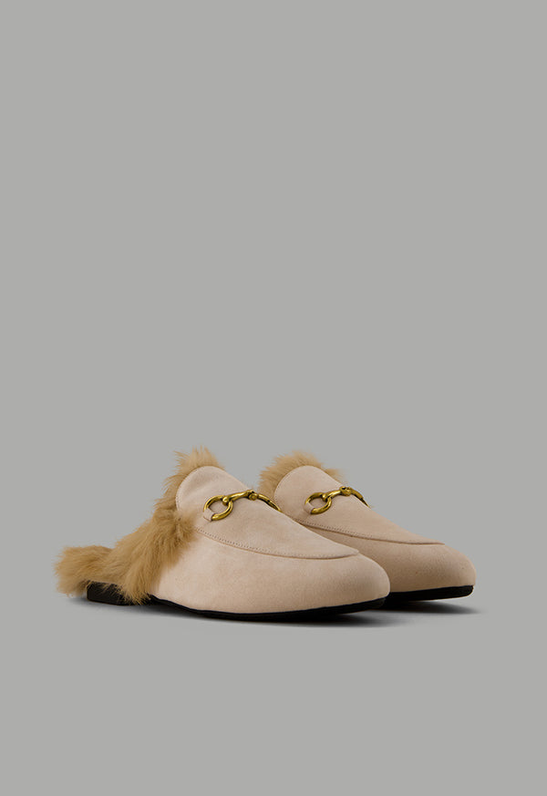 Choice Faux Fur Quilted Mules Light Beige