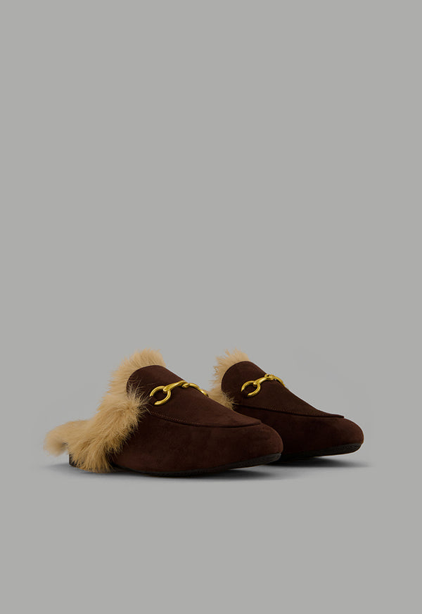 Choice Faux Fur Quilted Mules Dark Brown