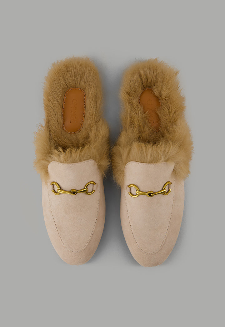 Choice Faux Fur Quilted Mules Light Beige