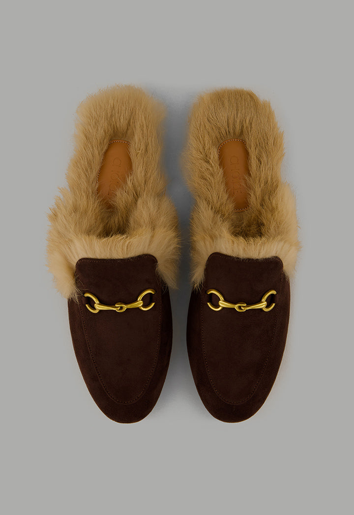Choice Faux Fur Quilted Mules Dark Brown