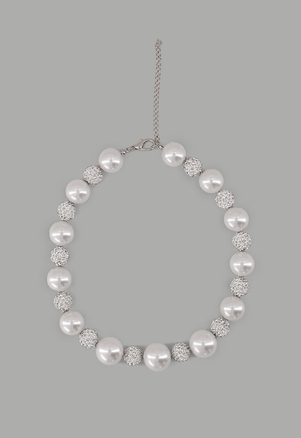 Choice Round Crystal Faux Pearls Necklace Off White