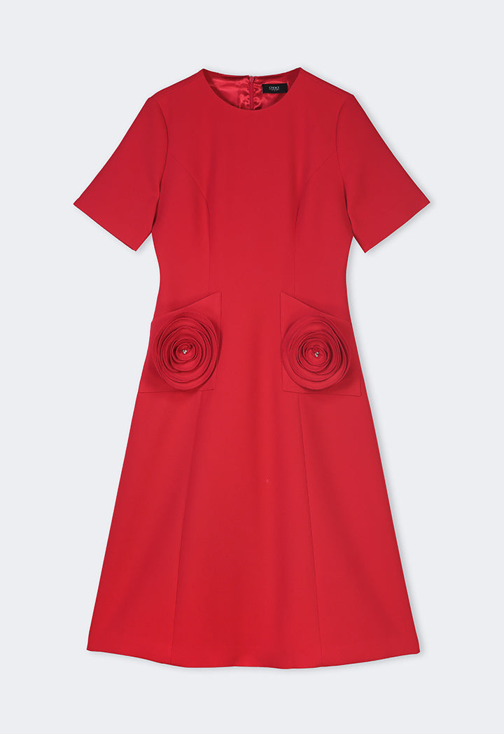 Choice Solid 3D Flowers Patch Midi Dress Red