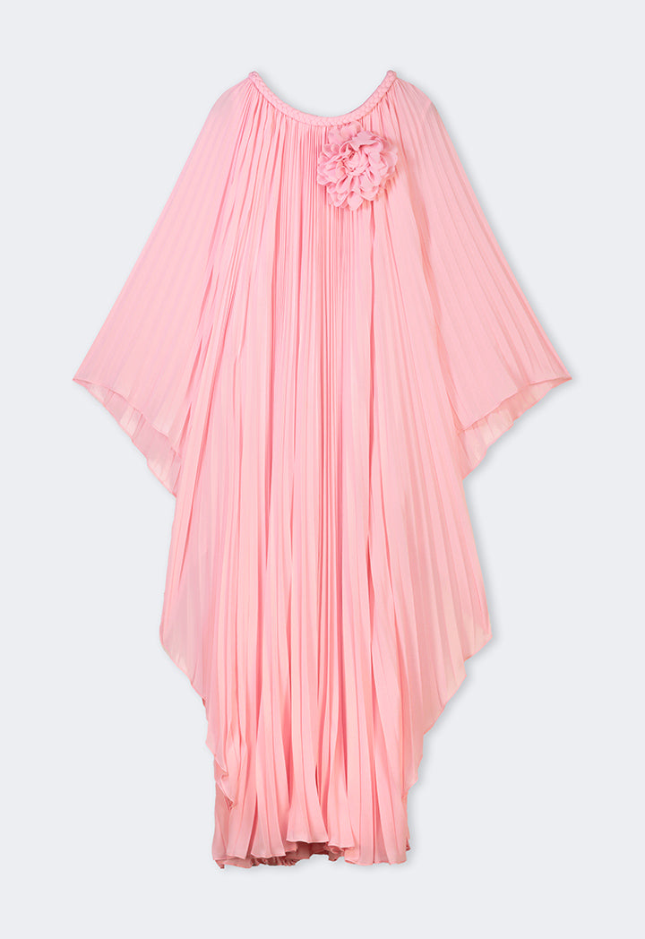 Choice Braid Detail Round Neck Pleated Dress Pink